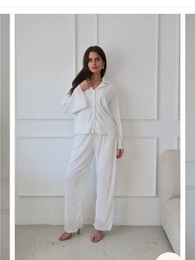 White Textured Two-Piece Button Pajama Set